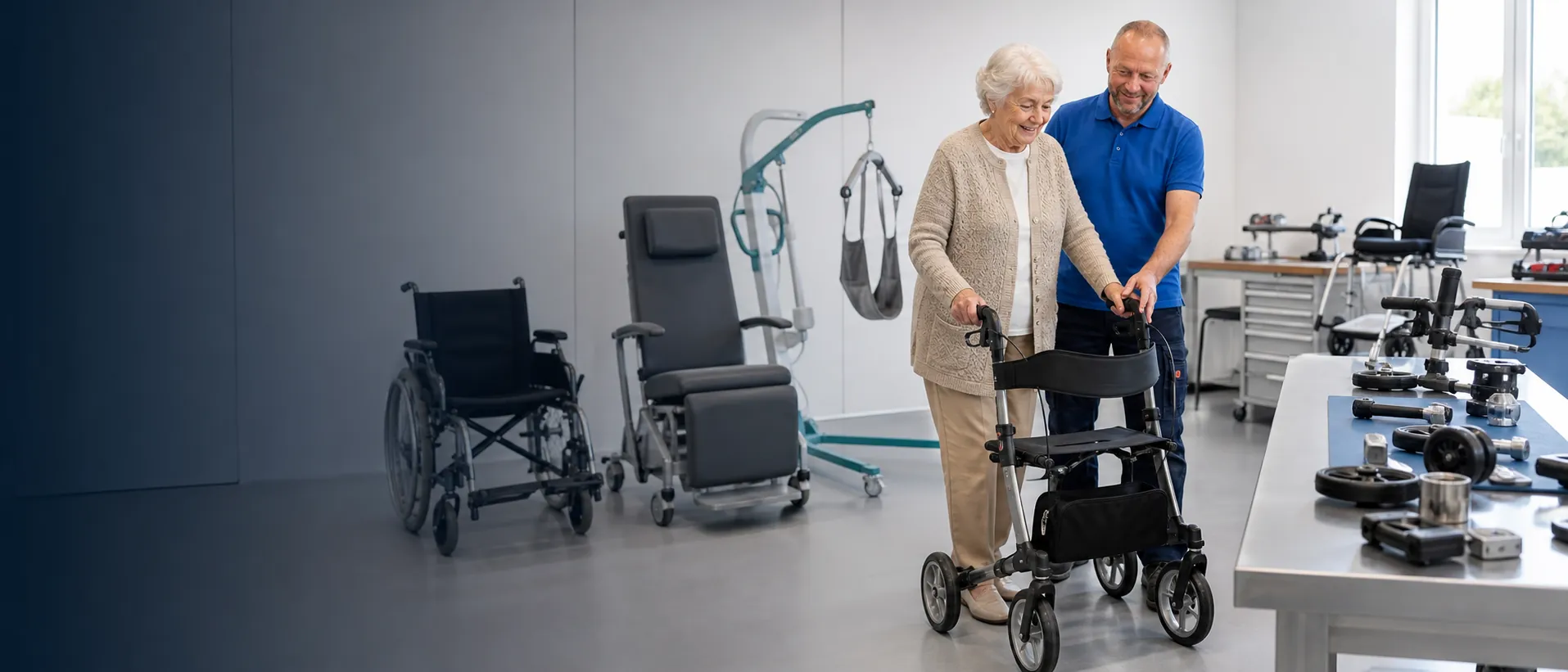 Seniorin mit Rollator und RehaPulse Techniker in der Produktauswahl